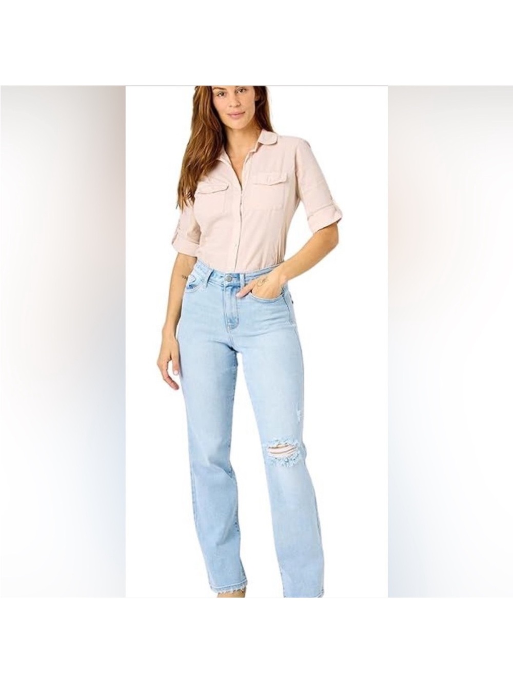 Judy Blue Light Blue High Rise straight fit Jeans with Knee Distress